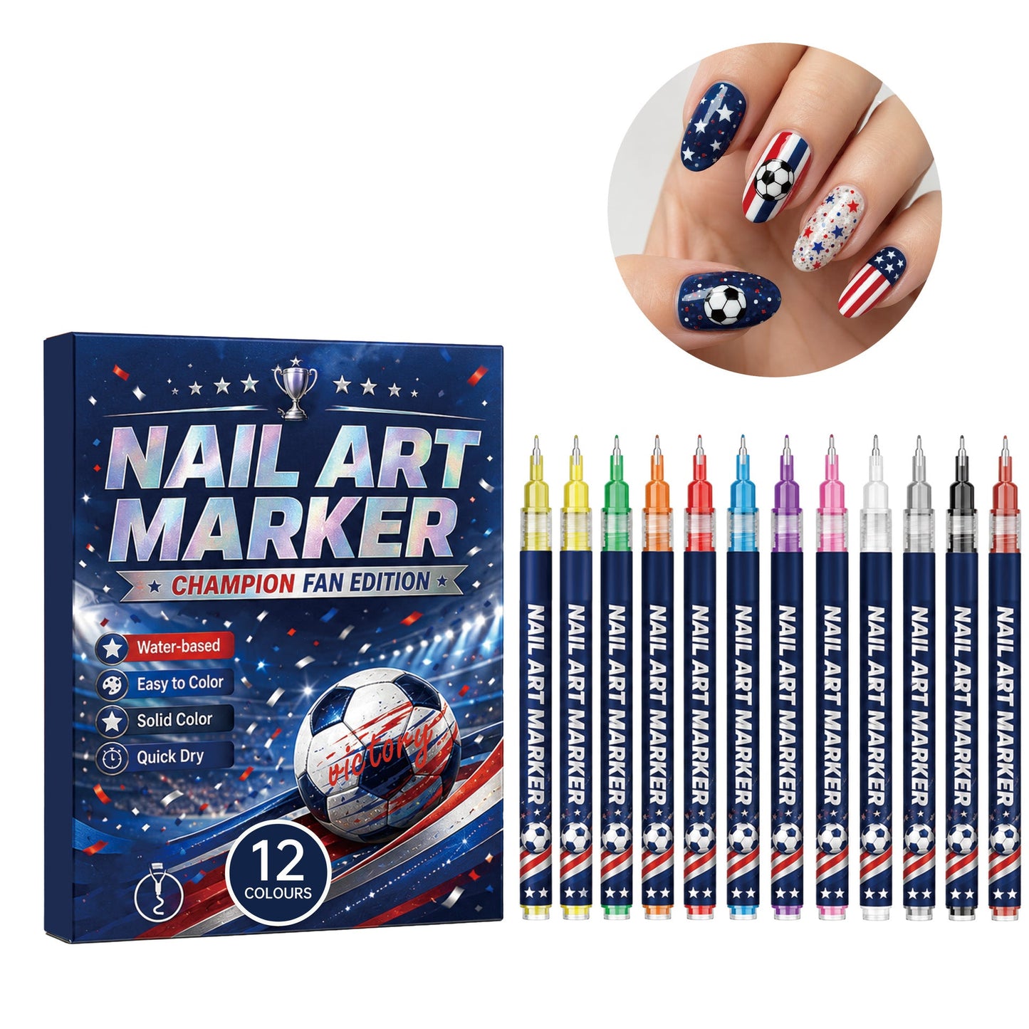 12-Color Soccer Fan Nail Art Marker Set——Bring Match-Day Energy to Your Nails